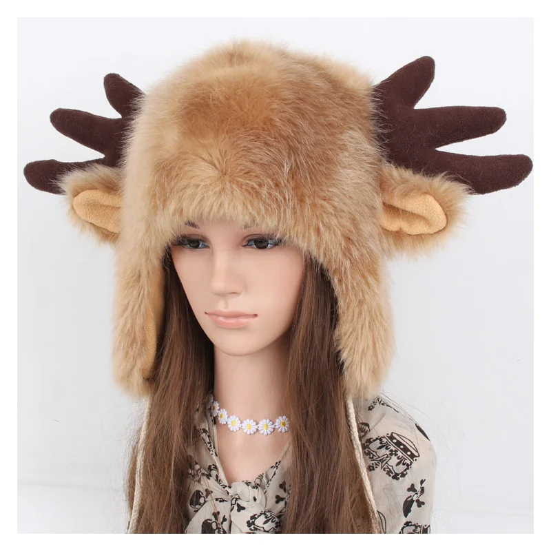 

Autumn and Winter Super Cute Cartoon Antler Hat Faux Fur with Velvet Lei Feng Hat Deer Head Women Warm Earmuffs Ear Caps Men