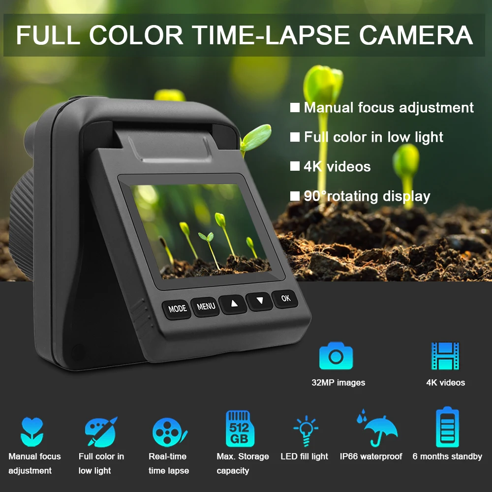 Outdoor Time Lapse Camera 32MP 4K Waterproof Timelapse Camera Recorder with 90 Degree Rotating Screen 6 Months Battery Life
Outdoor Time Lapse Camera 32MP 4K Waterproof Timelapse Camera Recorder with 90 Degree Rotating Screen 6 Months Battery Life