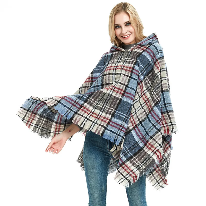 

2022 New Capes European American Spring Autumn Pullover Lattice Hooded Cape Warm Windproof Cloak Lady Ponchos