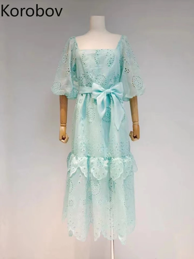 Korobov Summer Fashion Square Collar Dresses Women Slim Waist Robe Puff Sleeve Hollow Out Embroidery Elegant Vestidos De Mujer
Korobov Summer Fashion Square Collar Dresses Women Slim Waist Robe Puff Sleeve Hollow Out Embroidery Elegant Vestidos De Mujer