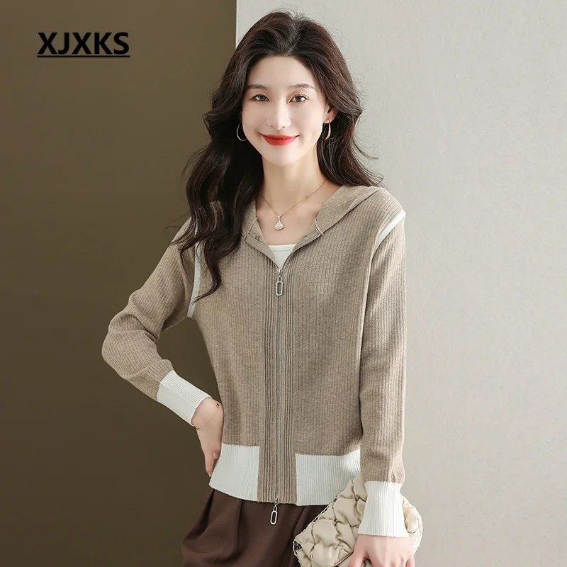 XJXKS 2023 Spring Autumn New Fashion With Hooded Zipper Cardigan Ladies Sweater Coat High-end Wool Knitted Women's Jacket
XJXKS 2023 Spring Autumn New Fashion With Hooded Zipper Cardigan Ladies Sweater Coat High-end Wool Knitted Women's Jacket
