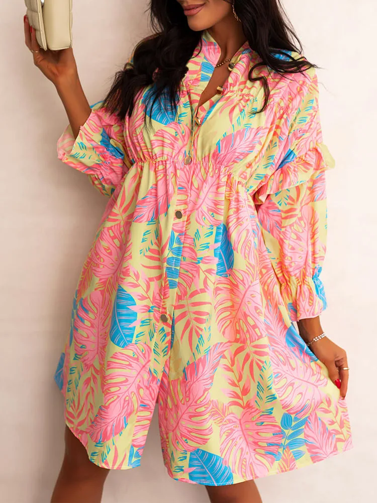 Women Casual Loose Long Sleeve Waist Party Dress Spring Elegant Leaves Print Mini Dress Summer Vintage Button Beach Shirt Dress 
Women Casual Loose Long Sleeve Waist Party Dress Spring Elegant Leaves Print Mini Dress Summer Vintage Button Beach Shirt Dress