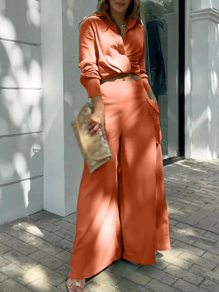 Fashion Long Sleeve Shirt High Waist Wide Leg Pants Two Piece Set Women's Spring Elegant Office Lady Solid Suit 2022 Women Suit
Fashion Long Sleeve Shirt High Waist Wide Leg Pants Two Piece Set Women's Spring Elegant Office Lady Solid Suit 2022 Women Suit