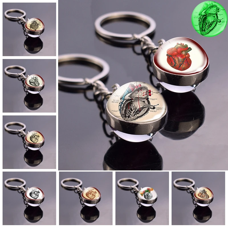 

Punk Style Anatomical Heart Keychain Heart Cabochon Glass Ball Keyring Noctilucent Heartbeat Sign Pendant Biologist Doctor Gift