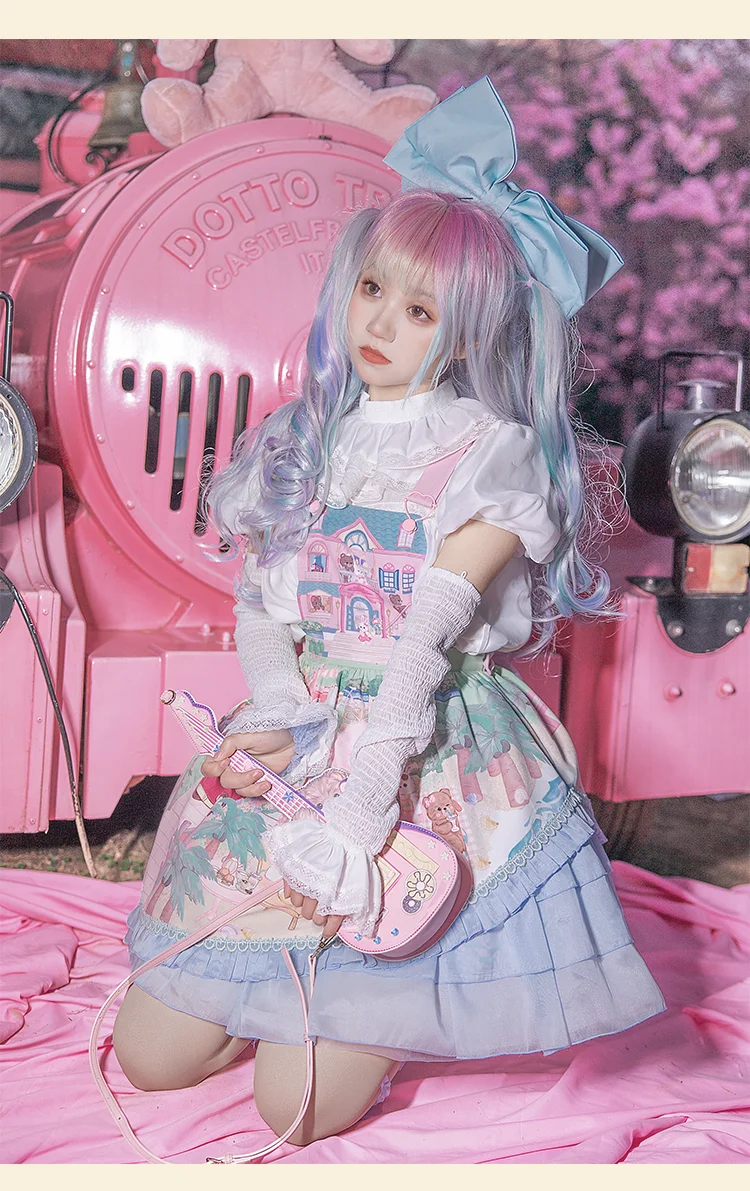 

Sweet Cute Lolita Jsk Girl Cake Dress Cosplay Pink Blue Bow Kawaii Pastoral Style Sling Print Rabbit Lace Ruffles Loli Princess