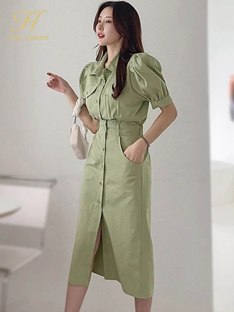 H Han Queen Elegant Puff Sleeve Single-Breasted Office Dress Women Simple Basic Summer Dresses Slim A-Line Casual Party Vestidos
H Han Queen Elegant Puff Sleeve Single-Breasted Office Dress Women Simple Basic Summer Dresses Slim A-Line Casual Party Vestidos