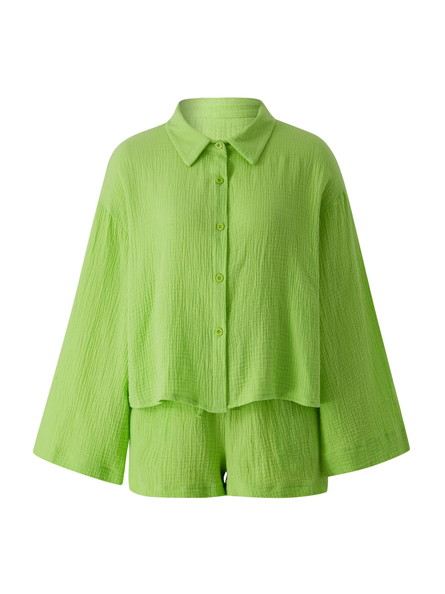 Women s Summer 2Pcs Outfit Sets Long Sleeve Lapel Button Shirt Solid Color Drawstring Shorts
Women s Summer 2Pcs Outfit Sets Long Sleeve Lapel Button Shirt Solid Color Drawstring Shorts