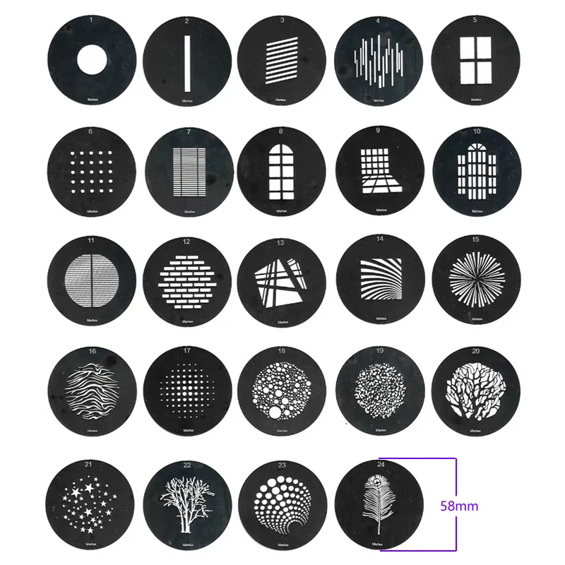 focus flashlight gobos for OT1 MG06 lighting shadow inserts punk cool rock metal industy style bcakgrounds Drop Shadow prop 58mm
focus flashlight gobos for OT1 MG06 lighting shadow inserts punk cool rock metal industy style bcakgrounds Drop Shadow prop 58mm