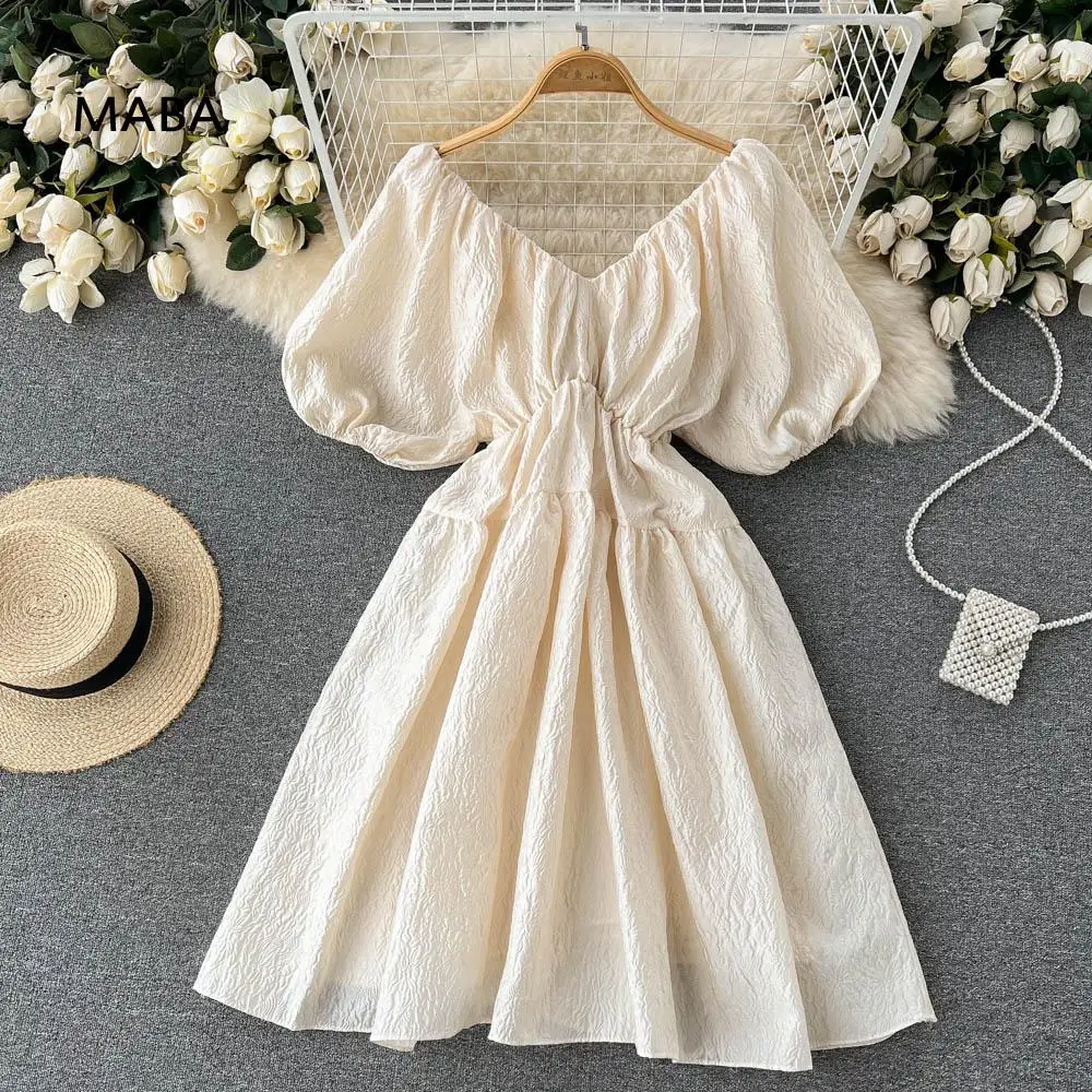 Summer Dress Women 2022 New V-neck Puff Short Sleeve Elastic Waist Solid Female Elegant Jacquard Streetwear Robe Femme Vestidos
Summer Dress Women 2022 New V-neck Puff Short Sleeve Elastic Waist Solid Female Elegant Jacquard Streetwear Robe Femme Vestidos