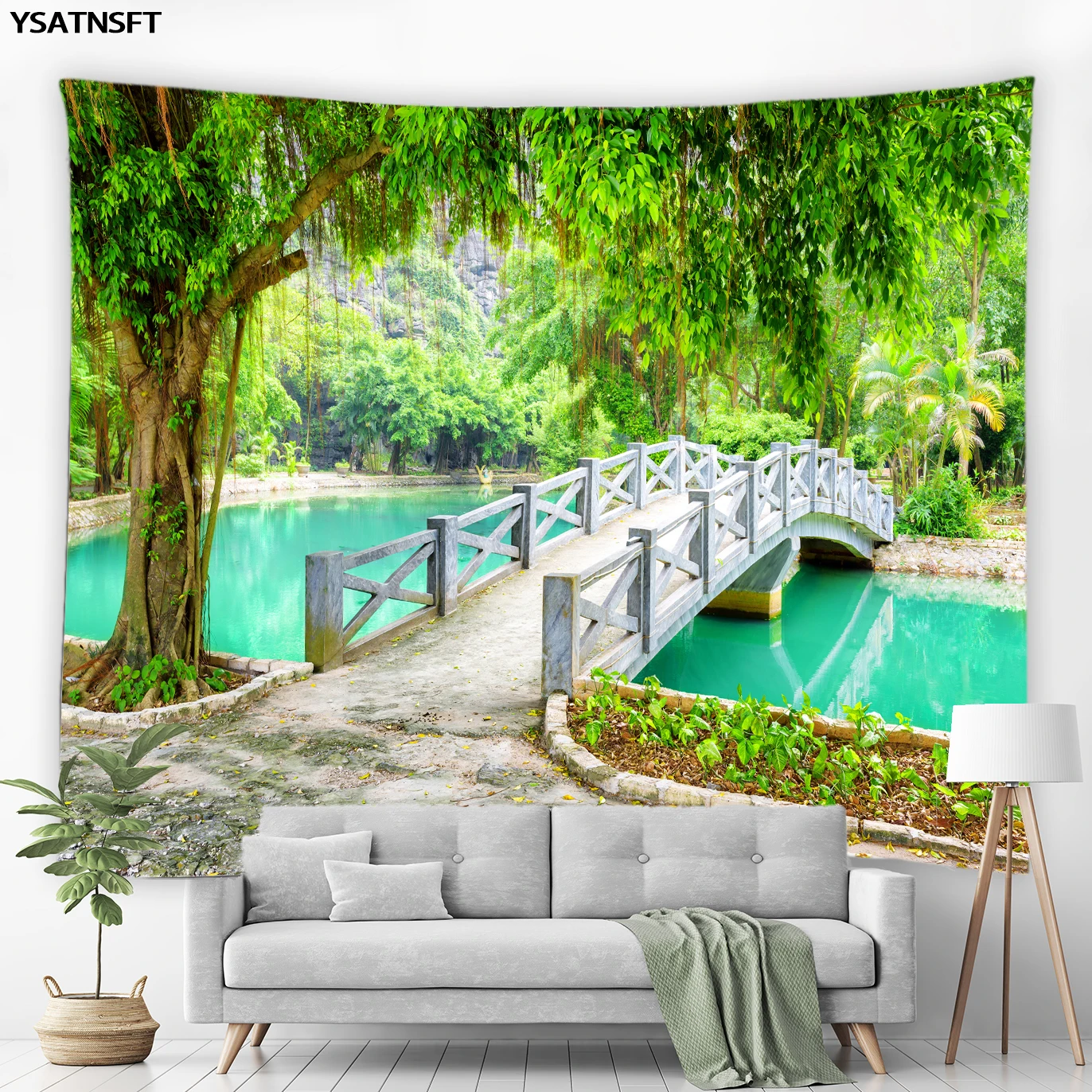 

3D Nature Landscape Tapestry Bridge Forest Tree Waterfall Mountain Lake Scenery Hippie Tapestry Bedroom Rugs Decor Wall Hanging