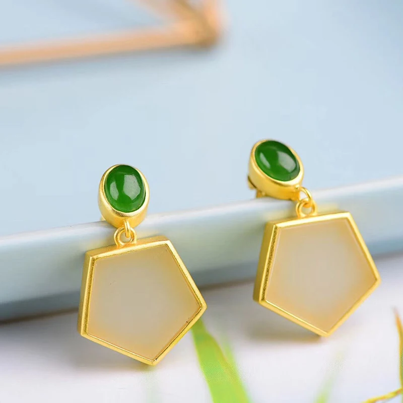 Natural Hetian White Jade Geometric Pentagonal Earrings Charm Retro Court Style Unique Gold Craft Women's Silver Jewelry
Natural Hetian White Jade Geometric Pentagonal Earrings Charm Retro Court Style Unique Gold Craft Women's Silver Jewelry
