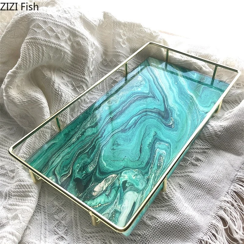 

Blue Sea Wave Texture Storage Tray Rectangle Glass Serving Trays Dresser Table Cosmetic Containers Jewelry Organizer Platter