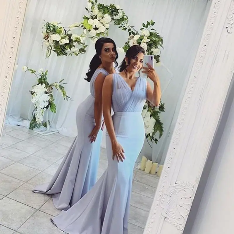 Mermaid Long Bridesmaid Dresses Sleeveless V-neck Light Blue Satin Women Wedding Party Dress Vestidos Formal Evening Prom Gowns
Mermaid Long Bridesmaid Dresses Sleeveless V-neck Light Blue Satin Women Wedding Party Dress Vestidos Formal Evening Prom Gowns
