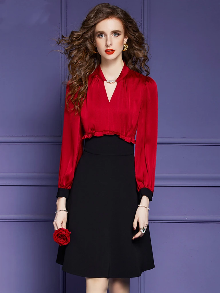 Red Fashion Woman Dress Pearl Contrast Color Long Sleeve Splice Fake Two Piece Knee Length V-neck Work Office Party Gowns 2023
Red Fashion Woman Dress Pearl Contrast Color Long Sleeve Splice Fake Two Piece Knee Length V-neck Work Office Party Gowns 2023