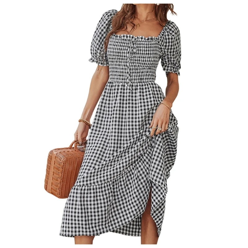 Womens Square Neck Puff Short Sleeve Lace-Up Flowy Midi Dress Plaid Print High Waist A-Line Ruffle Hem Swing Dresses 
Womens Square Neck Puff Short Sleeve Lace-Up Flowy Midi Dress Plaid Print High Waist A-Line Ruffle Hem Swing Dresses