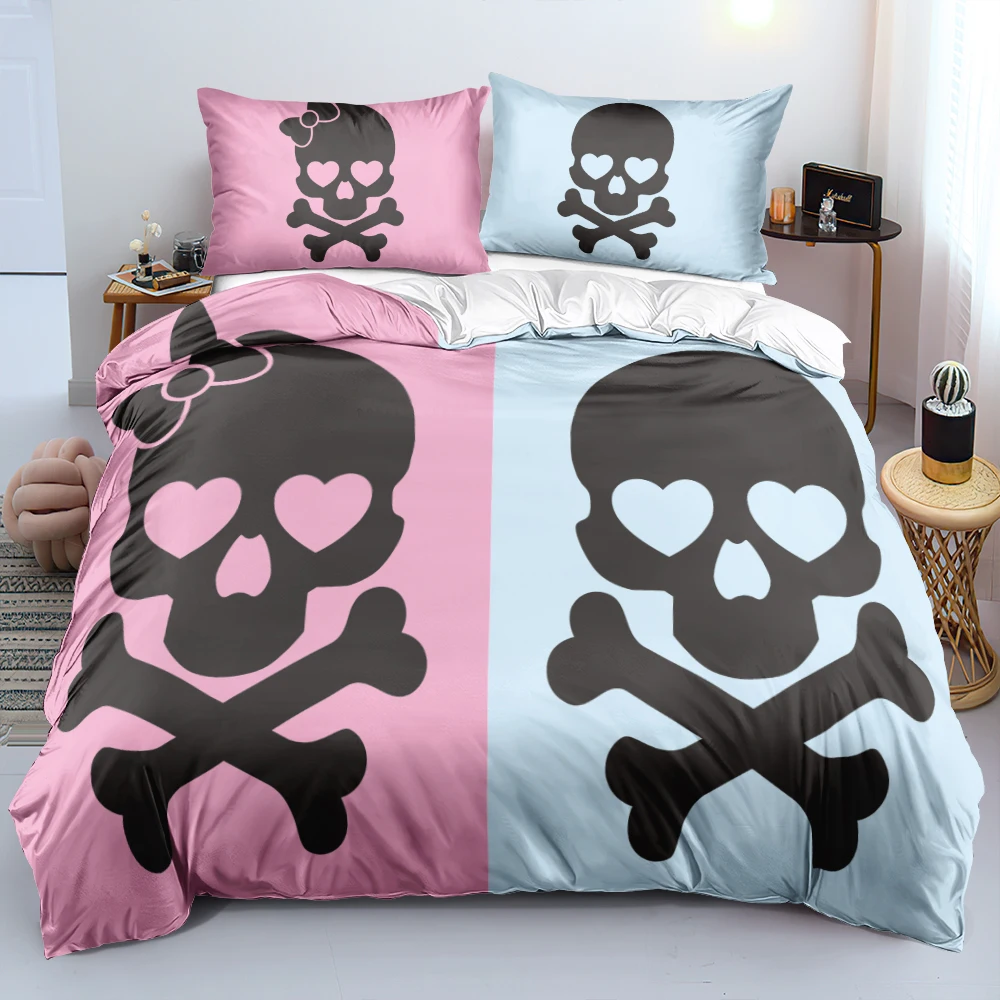 

3D Digital Girl And Boy Skull Linens Bed Pink/Blue Duvet Cover Set Twin Queen King Size 245x210cm Bedding Set Bedroom Decoration