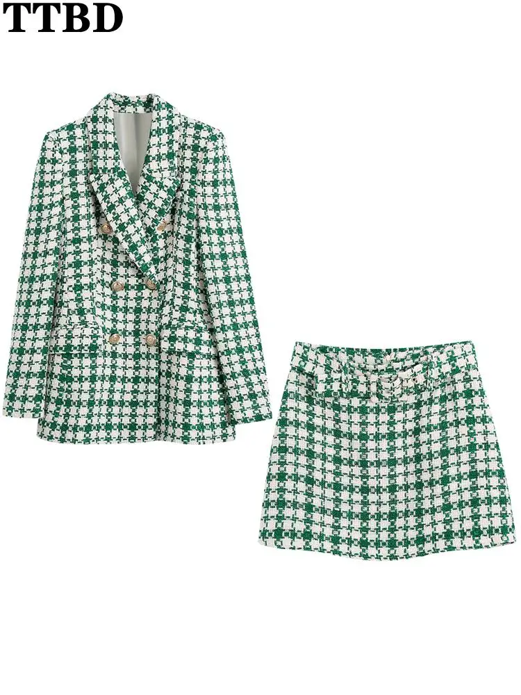 TTBD blazer set Women fashion tweed double breasted blazer coat traf with belt tweed high waist flared mini skirt
TTBD blazer set Women fashion tweed double breasted blazer coat traf with belt tweed high waist flared mini skirt