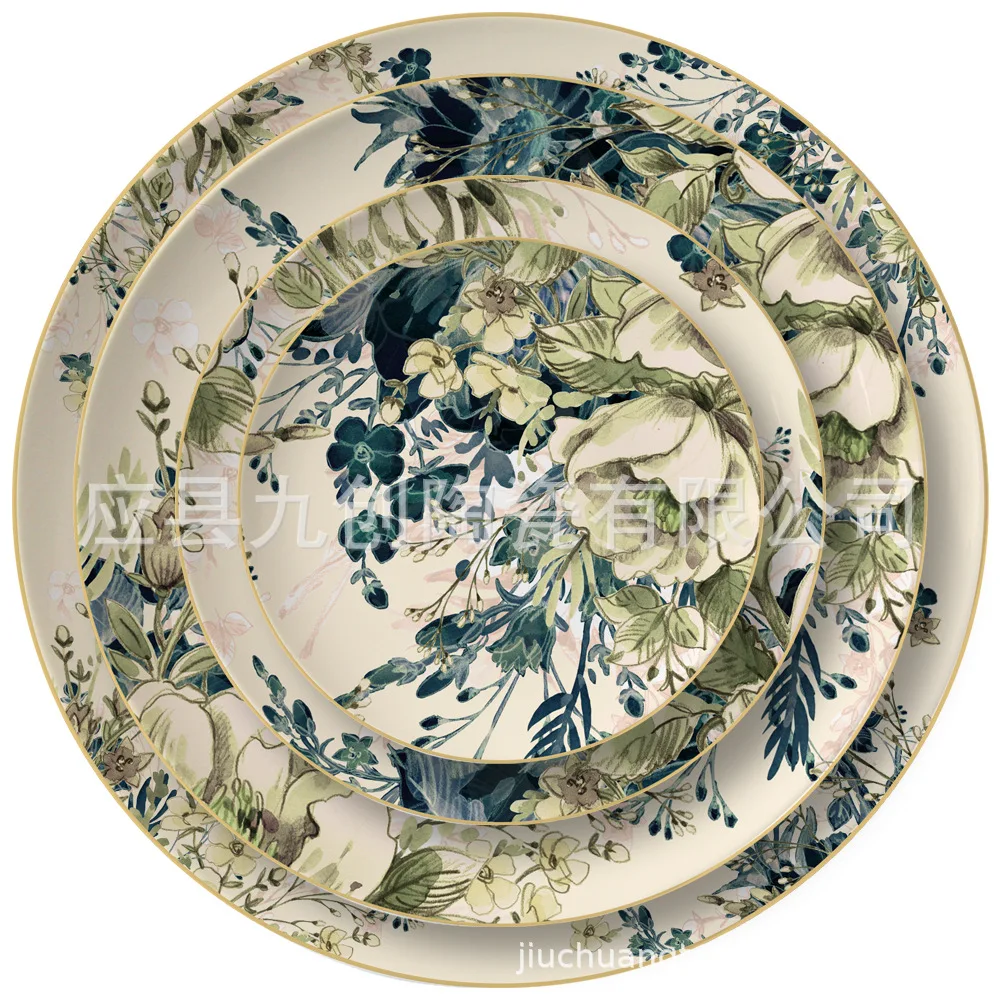 Chinese ceramic plate creative retro flower western food Phnom Penh plate western food pastry plate cutlery gold cutlery set
Chinese ceramic plate creative retro flower western food Phnom Penh plate western food pastry plate cutlery gold cutlery set