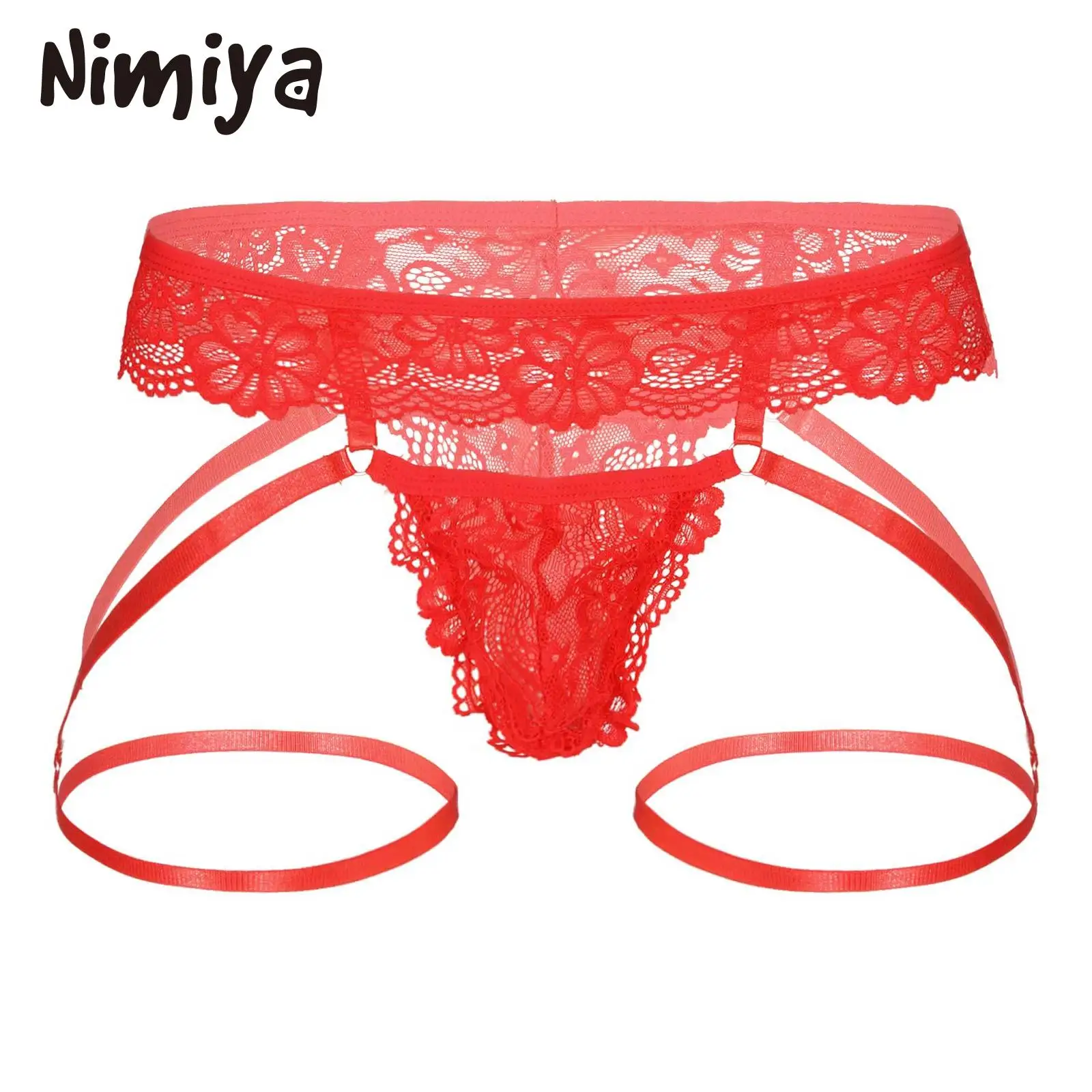 

Nimiya Mens Pure Sheer Lace Floral Bulge Pouch Sissy Low Rise Thongs with Garter Belt Polyester G-strings Underwear for Dating