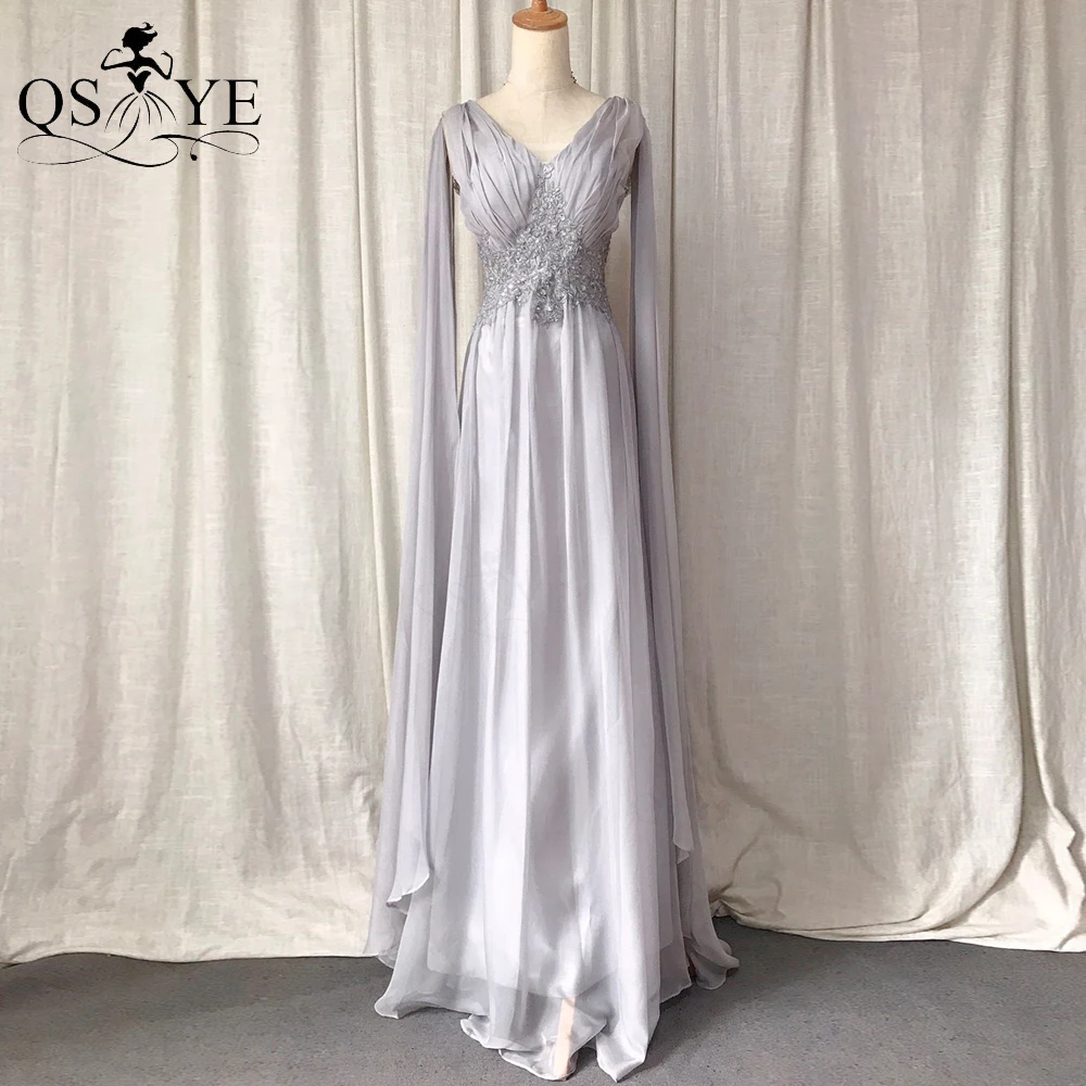 Shoulder Long Ribbon Grey Chiffon Prom Dress Appliques Lace Sequin V neck Ruched Evening Party A line Illusion Back Formal Gown
Shoulder Long Ribbon Grey Chiffon Prom Dress Appliques Lace Sequin V neck Ruched Evening Party A line Illusion Back Formal Gown