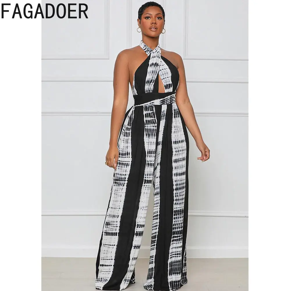 

FAGADOER Fashion Halter Print Jumpsuits Women Sleeveless Hollow Playsuits Spring Female Wide Leg Pants One Piece Overalls Casual