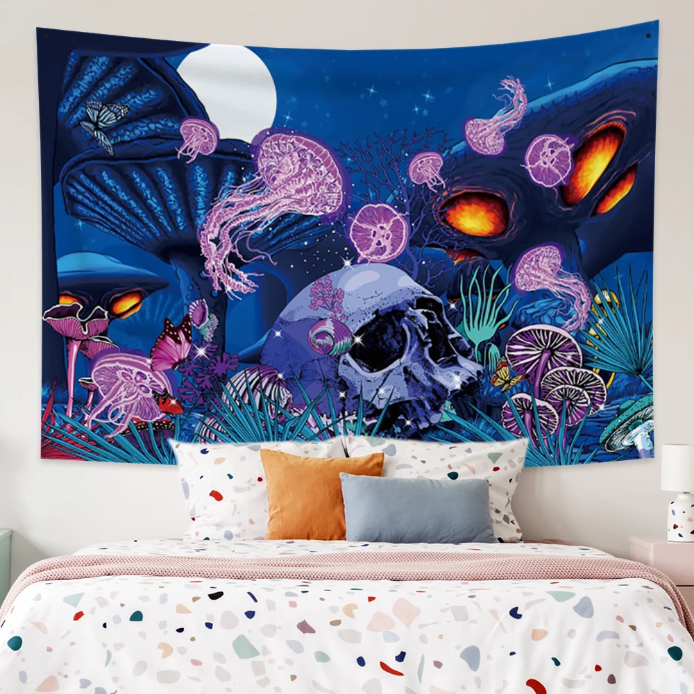 Cartoon Moon Skull Jellyfish Mushroom Forest Mandala Decor Wall Hanging Trippy Room Dorm Black Esotericism Printing Tapestry
Cartoon Moon Skull Jellyfish Mushroom Forest Mandala Decor Wall Hanging Trippy Room Dorm Black Esotericism Printing Tapestry