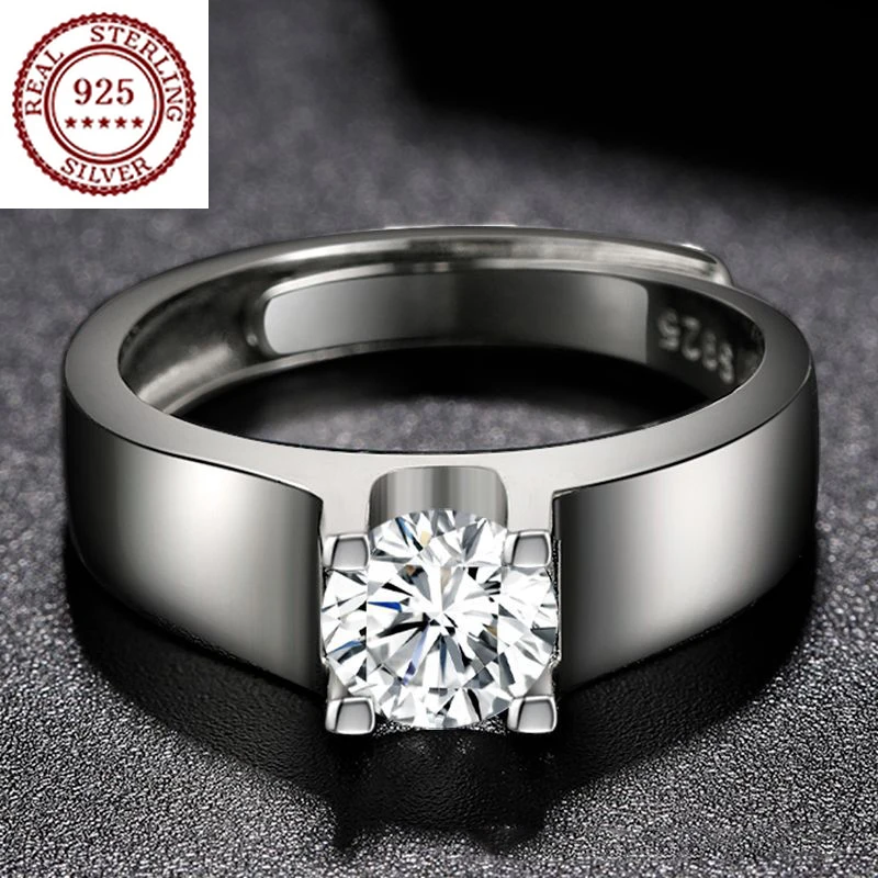 

S925 Silver Plated Platinum Moissanite Diamond Classic Smooth Ring Men's Wedding Engagement Simple Fashion Resizable Jewelry