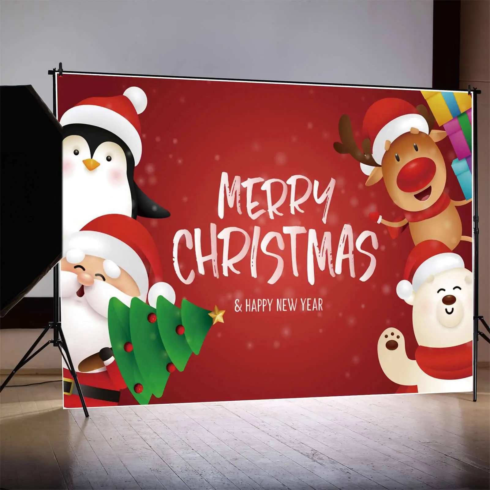 

MOON.QG Backdrop Red Merry Christmas Banner Teddy Bear Santa Claus Decor Background Children Reindeer Penguin Photo Booth Props