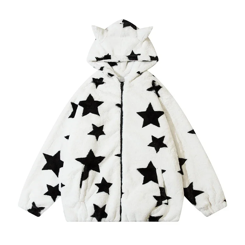 

Куртка хлопковая с капюшоном и принтом пятиконечной звезды, утепленный Свободный кардиган из овечьей шерсти на молнии в ретро стиле, зимняя одежда