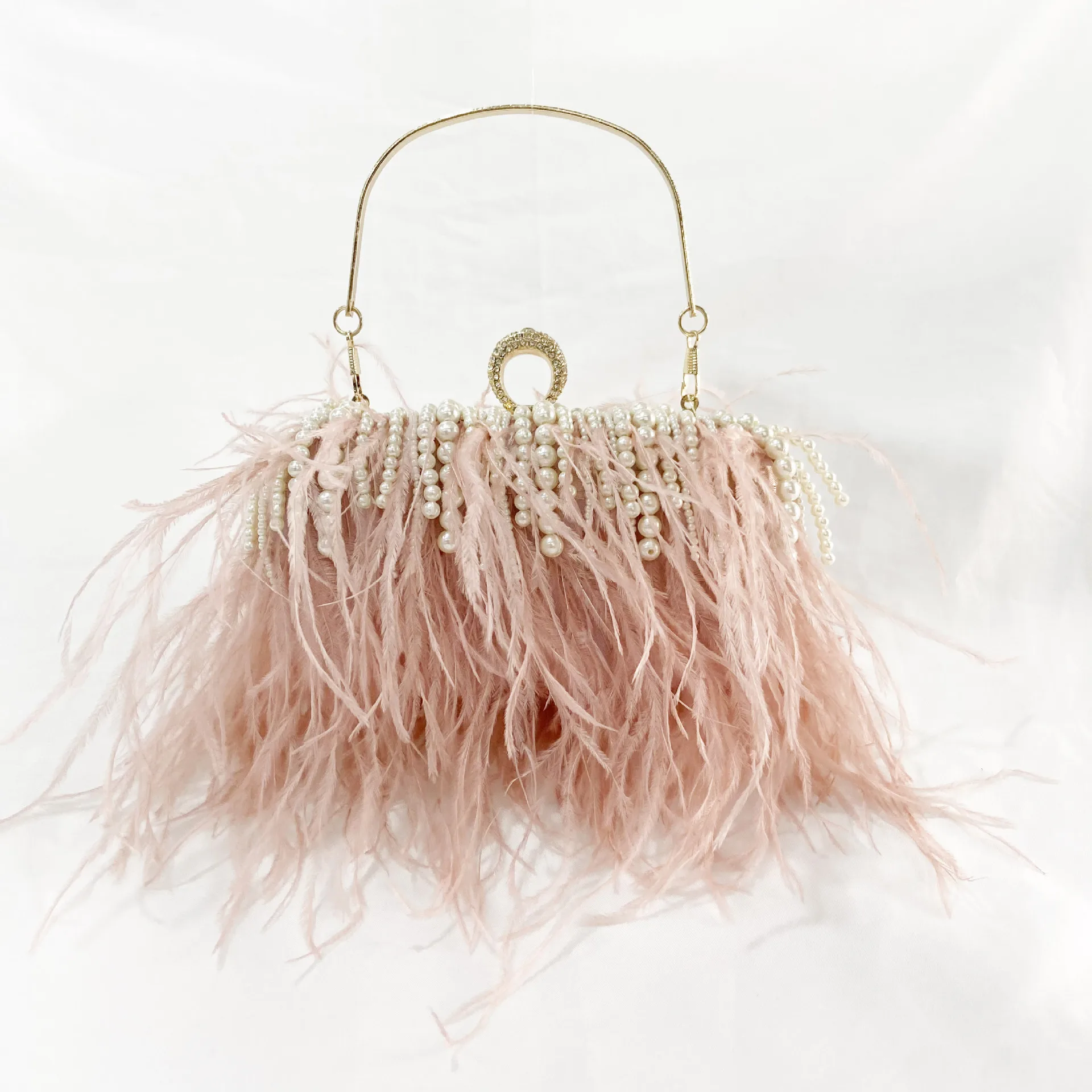 

8495 Vintage ostrich hair lady dinner bag celebrity fur holding banquet evening bag pearl chain feather bag