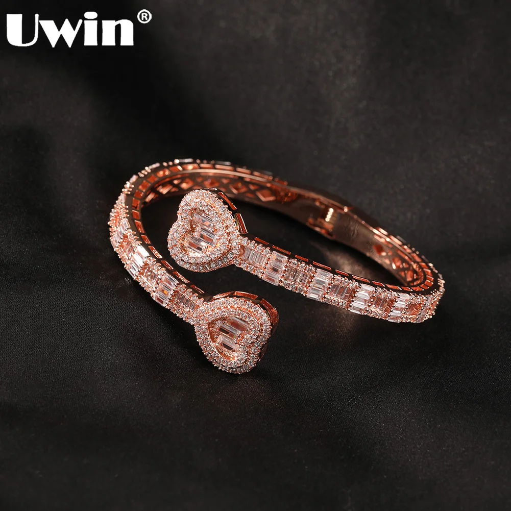 

UWIN 6 mm Baguettecz CZ Heart Cuff Bangle Micro Paved Bling Cubic Zirconia Luxury Wrist Bracelets Hip Hop Jewelry Punk Bangle