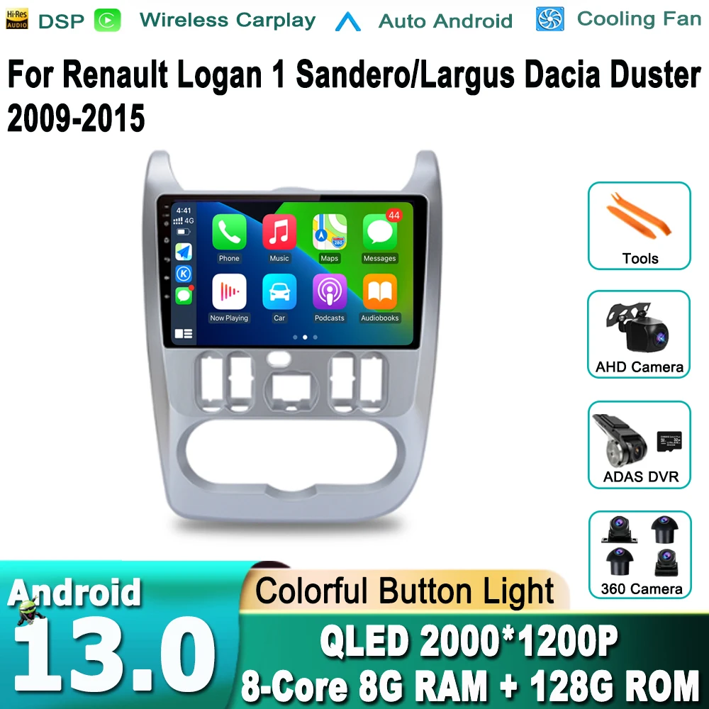 

Автомагнитола для Renault Logan 1 Sandero 2009 - 2015 Largus Dacia Duster 2 Din Android 13, мультимедийный плеер для Carplay, стерео, DVD