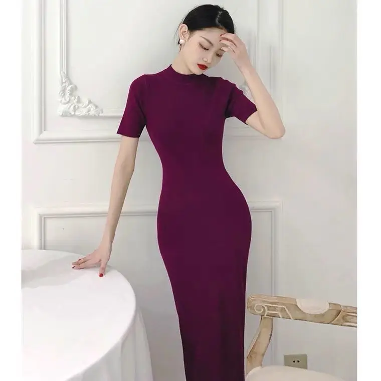 New Women Fashion Stand Collar Solid Color Short Sleeve Knitting Midi Dress Female Chic Casual Slim Party Vestidos
New Women Fashion Stand Collar Solid Color Short Sleeve Knitting Midi Dress Female Chic Casual Slim Party Vestidos