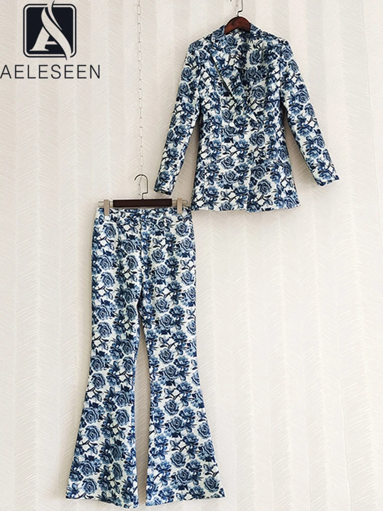 Женский Дизайнерский Костюм AELESEEN, синий блейзер с цветочным принтом на осень и зиму + расклешенные брюки, элегантный офисный Женский комплект из 2 предметов 
Женский Дизайнерский Костюм AELESEEN, синий блейзер с цветочным принтом на осень и зиму + расклешенные брюки, элегантный офисный Женский комплект из 2 предметов