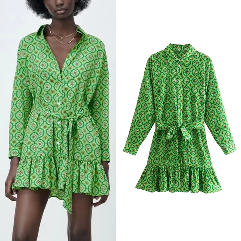 Spring 2022 Women Geometry Print Mini Dress With Belt Turn-down Collar Long Sleeve Chic Female Shirt Style Dress
Spring 2022 Women Geometry Print Mini Dress With Belt Turn-down Collar Long Sleeve Chic Female Shirt Style Dress