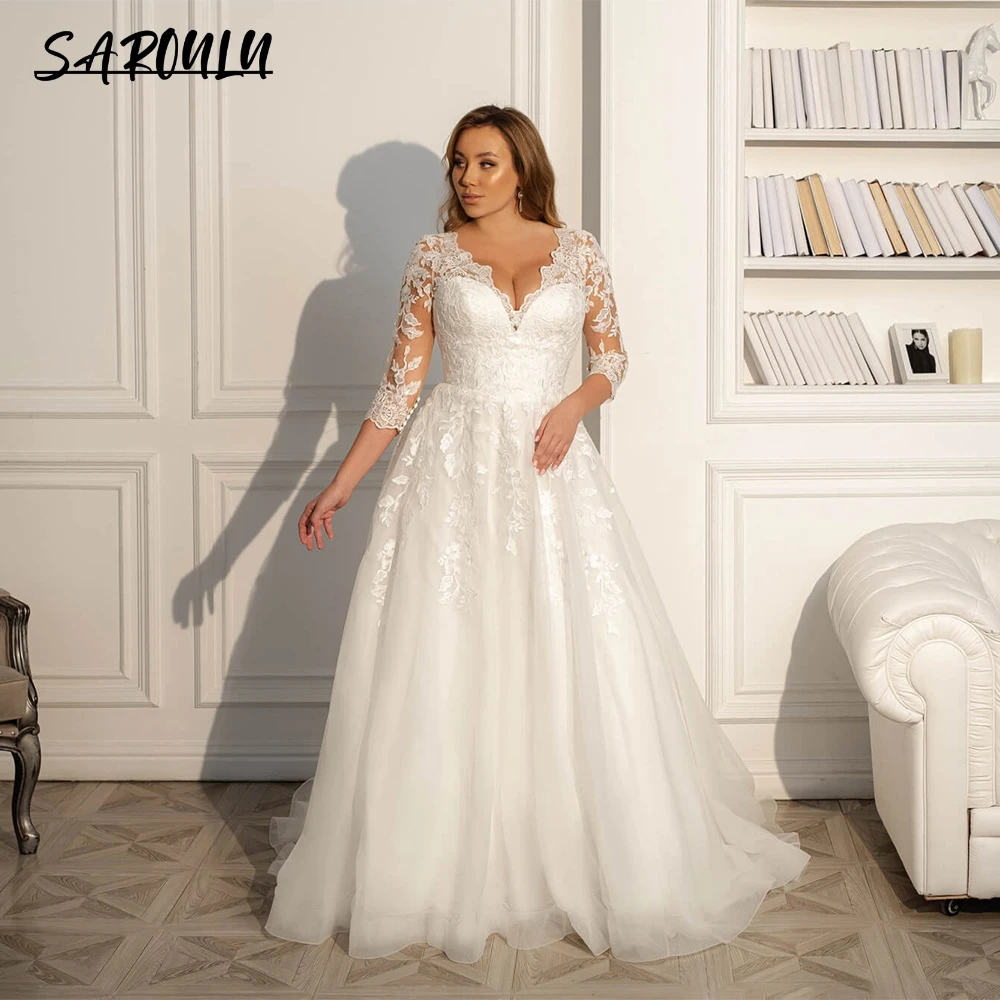 Plus Size Modest Wedding Dress Lace A-line Long Sleeve Bride Dresses V Neck Custom Made Illusion Back Bridal Gown
Plus Size Modest Wedding Dress Lace A-line Long Sleeve Bride Dresses V Neck Custom Made Illusion Back Bridal Gown