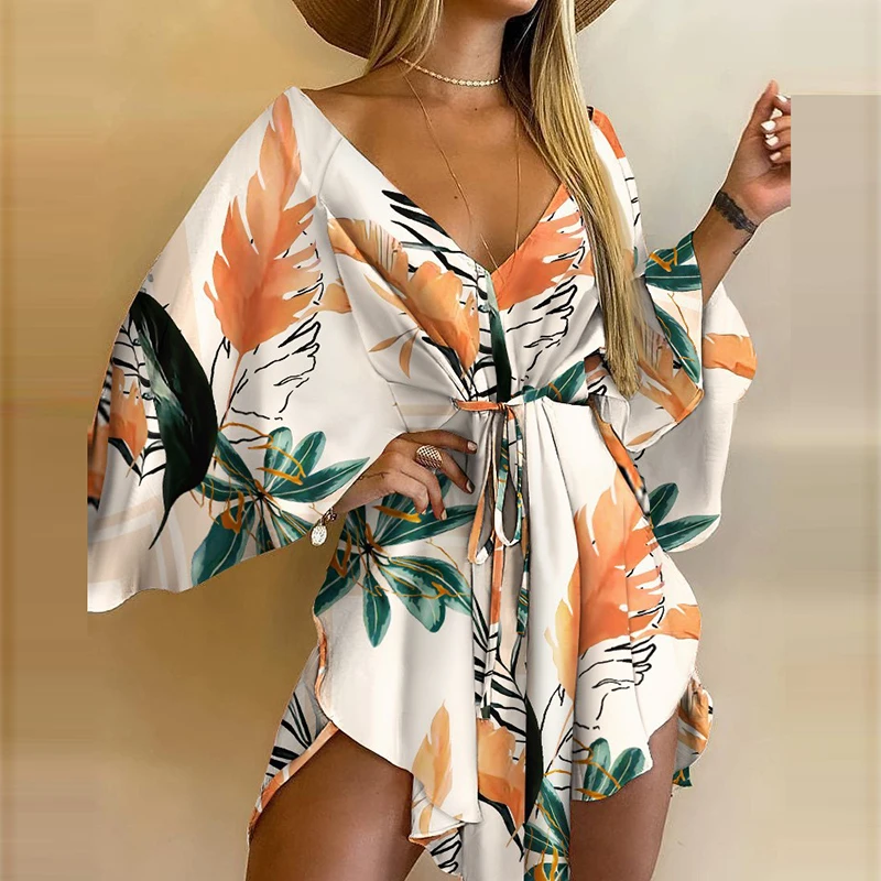 Summer Women Elegant Dresses Sexy V Neck Lace-up Floral Print Mini Dress Casual Flared Sleeves Irregular Dress Resort Wear Women
Summer Women Elegant Dresses Sexy V Neck Lace-up Floral Print Mini Dress Casual Flared Sleeves Irregular Dress Resort Wear Women