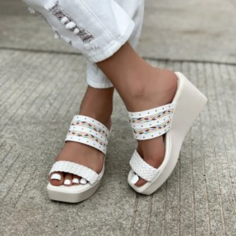 

Women's 2023 Comfy Walk Height Increase Big Size Summer Beige White High Heels Leisure Chic Platform Wedges Sandals Mules Shoes