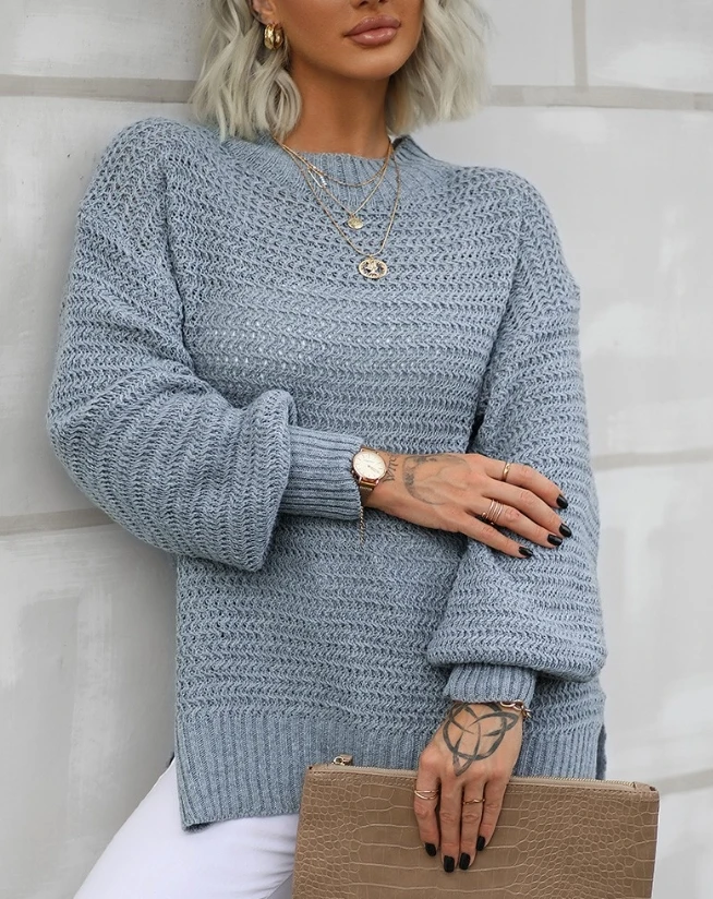 

Women's Sweater 2023 Autumn Fashion Long Sleeve Mock Neck Split Hem Casual Plain Rib-Knit Daily Loose Pullover Sweater