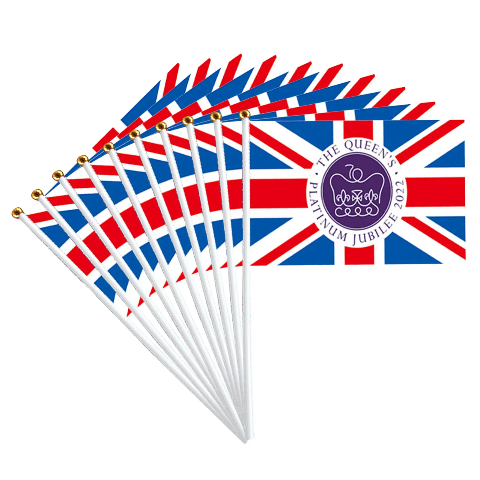 

5x8in Queens Plat-inum Jubilee 10pcs Union Jack Hand Waving Flags Featuring Her Majesty The Queen 2022 70th Anniversary GB