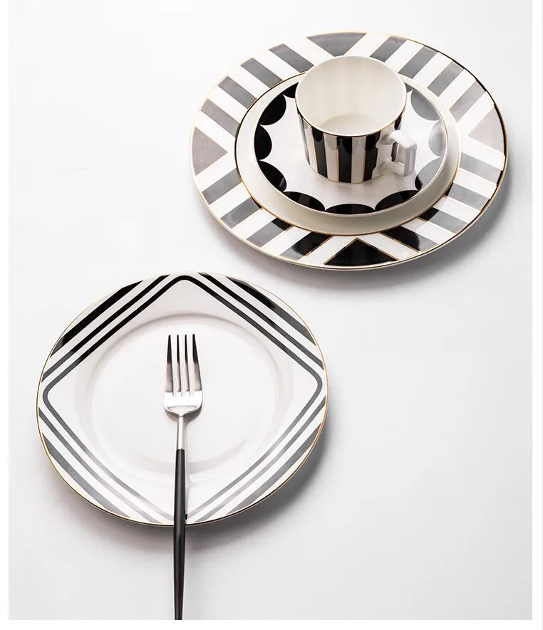 

Черно-белая керамическая тарелка в европейском стиле, обеденные тарелки, блюда в западном стиле, сервировочный поднос, столовая посуда для ресторана и кухни