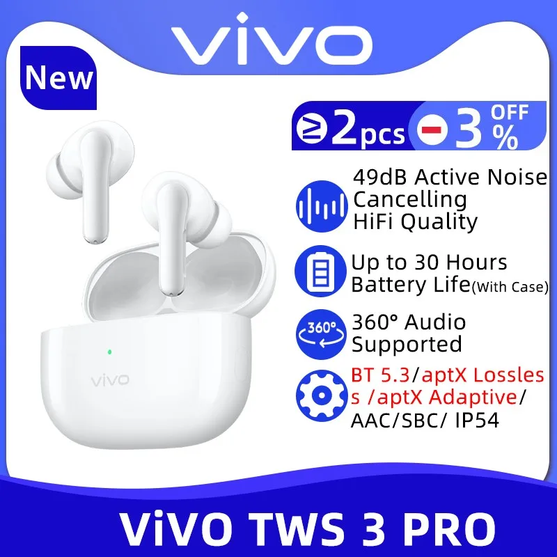 

Vivo TWS 3 Pro TWS Earphone 49dB Active Noise Cancelling Wireless Bluetooth 5.3 Headphone 30 Hours Battery Life For Vivo X90 Pro