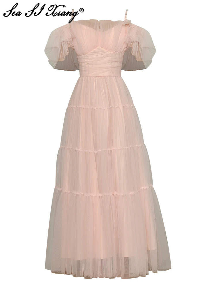 Женское Сетчатое платье с открытой спиной Seasixiang, Летнее Длинное Платье с вырезом лодочкой и рукавом-бабочкой, расшитое бисером, на бретелях-спагетти 
Женское Сетчатое платье с открытой спиной Seasixiang, Летнее Длинное Платье с вырезом лодочкой и рукавом-бабочкой, расшитое бисером, на бретелях-спагетти