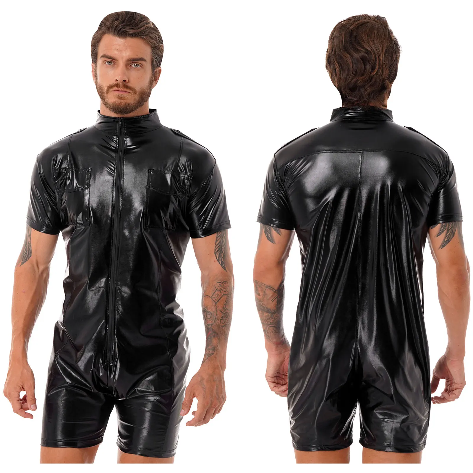 Mens Wet Look Patent Leather Leotard Bodysuit Stand Collar Short Sleeve Zipper Jumpsuits For Halloween Role Play Stage Clubwear
Mens Wet Look Patent Leather Leotard Bodysuit Stand Collar Short Sleeve Zipper Jumpsuits For Halloween Role Play Stage Clubwear