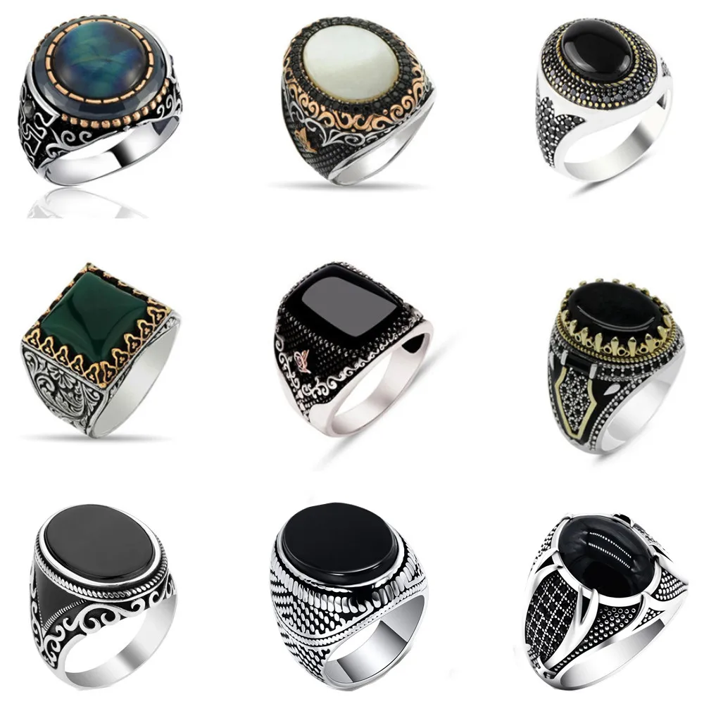 30 Styles Vintage Handmade Turkish Signet Ring For Men Women Ancient Silver Color Black Onyx Stone Punk Rings Religious Jewelry
30 Styles Vintage Handmade Turkish Signet Ring For Men Women Ancient Silver Color Black Onyx Stone Punk Rings Religious Jewelry