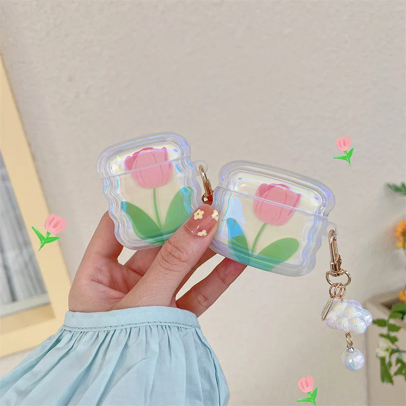 

Fresh Pink Tulip Flower Case for AirPods Pro2 Airpod Pro 1 2 3 Bluetooth Earbuds Charging Box Protective Earphone Case Cover