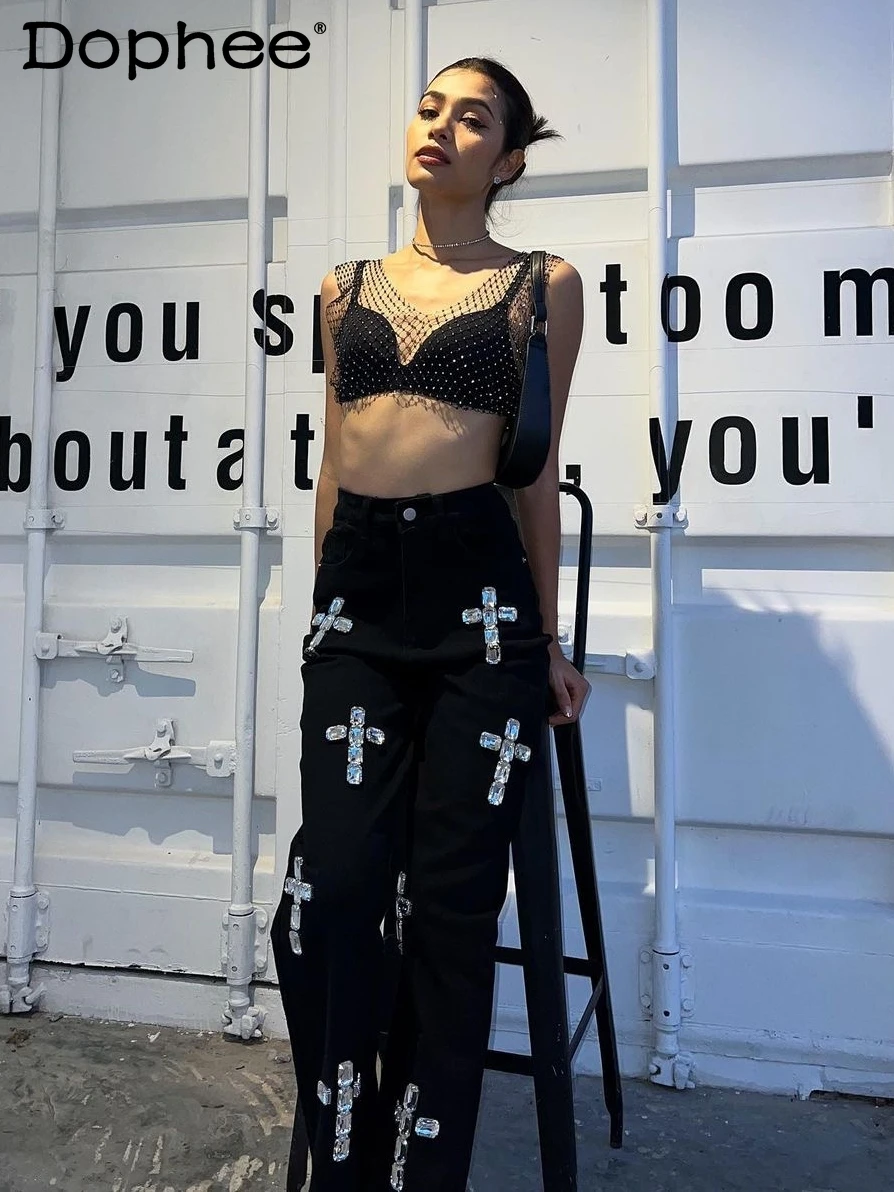 High-Grade Cross Rhinestone Crystal Beaded Black Baggy Pants Women Loose Slimming Wide-Leg Pants Spring Autumn Jeans High Street
High-Grade Cross Rhinestone Crystal Beaded Black Baggy Pants Women Loose Slimming Wide-Leg Pants Spring Autumn Jeans High Street
