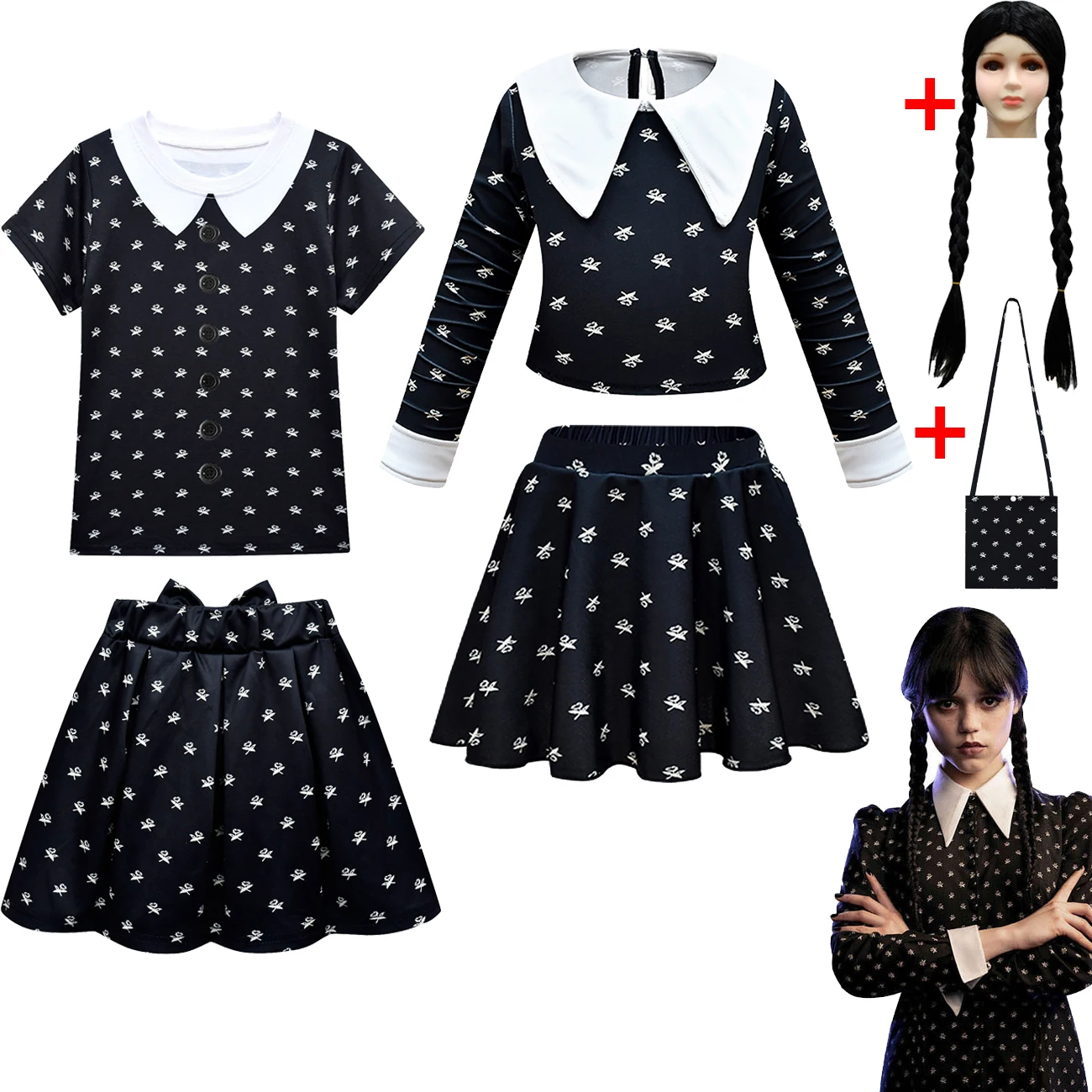 New Kids Wednesday Family Cosplay Costume Addams Tops+Dress Wig Sets Girls Vintage Gothic Outfits Halloween role play Clothes
New Kids Wednesday Family Cosplay Costume Addams Tops+Dress Wig Sets Girls Vintage Gothic Outfits Halloween role play Clothes