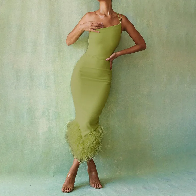 Feathers Hem Patchwork Sexy Women Dress 2022 New Fashion One Shoulder Sling Bodycon Long Dress Female Vestidos
Feathers Hem Patchwork Sexy Women Dress 2022 New Fashion One Shoulder Sling Bodycon Long Dress Female Vestidos