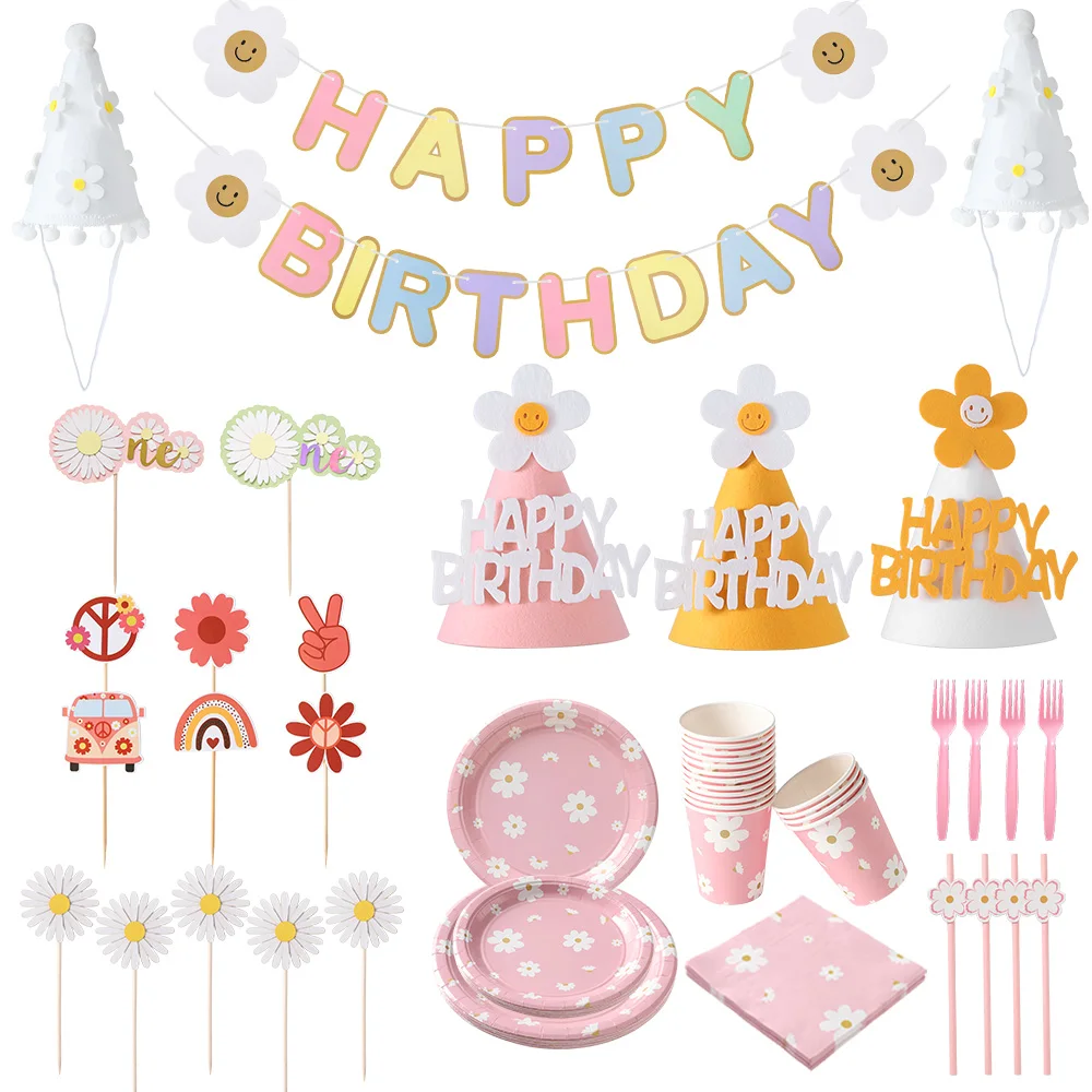 Daisy Themed Birthday Party Supplies Plates Cups Napkins Banner Birthday Hat Cake Topper for Summer Baby Shower Party Decoration
Daisy Themed Birthday Party Supplies Plates Cups Napkins Banner Birthday Hat Cake Topper for Summer Baby Shower Party Decoration